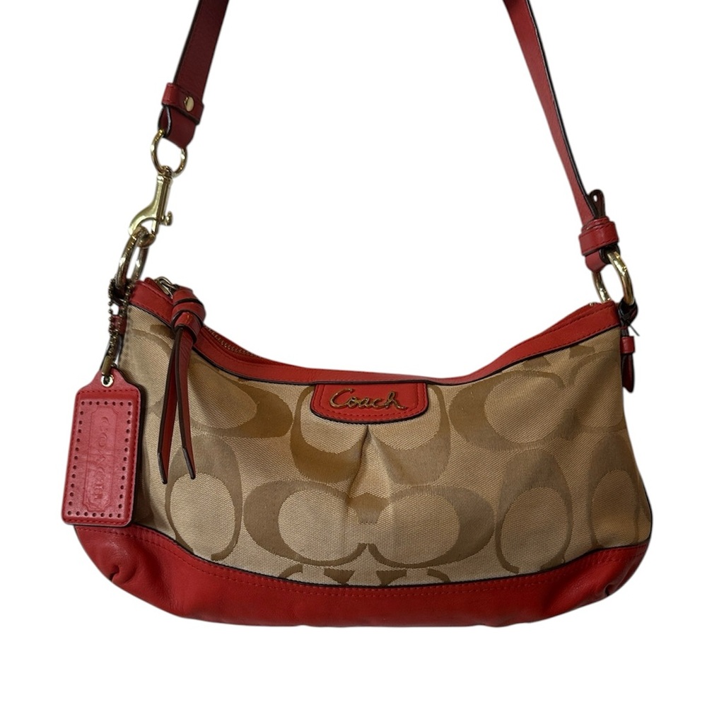 Coach Tan Signature Canvas Shoulder Bag with Red Leather Trim